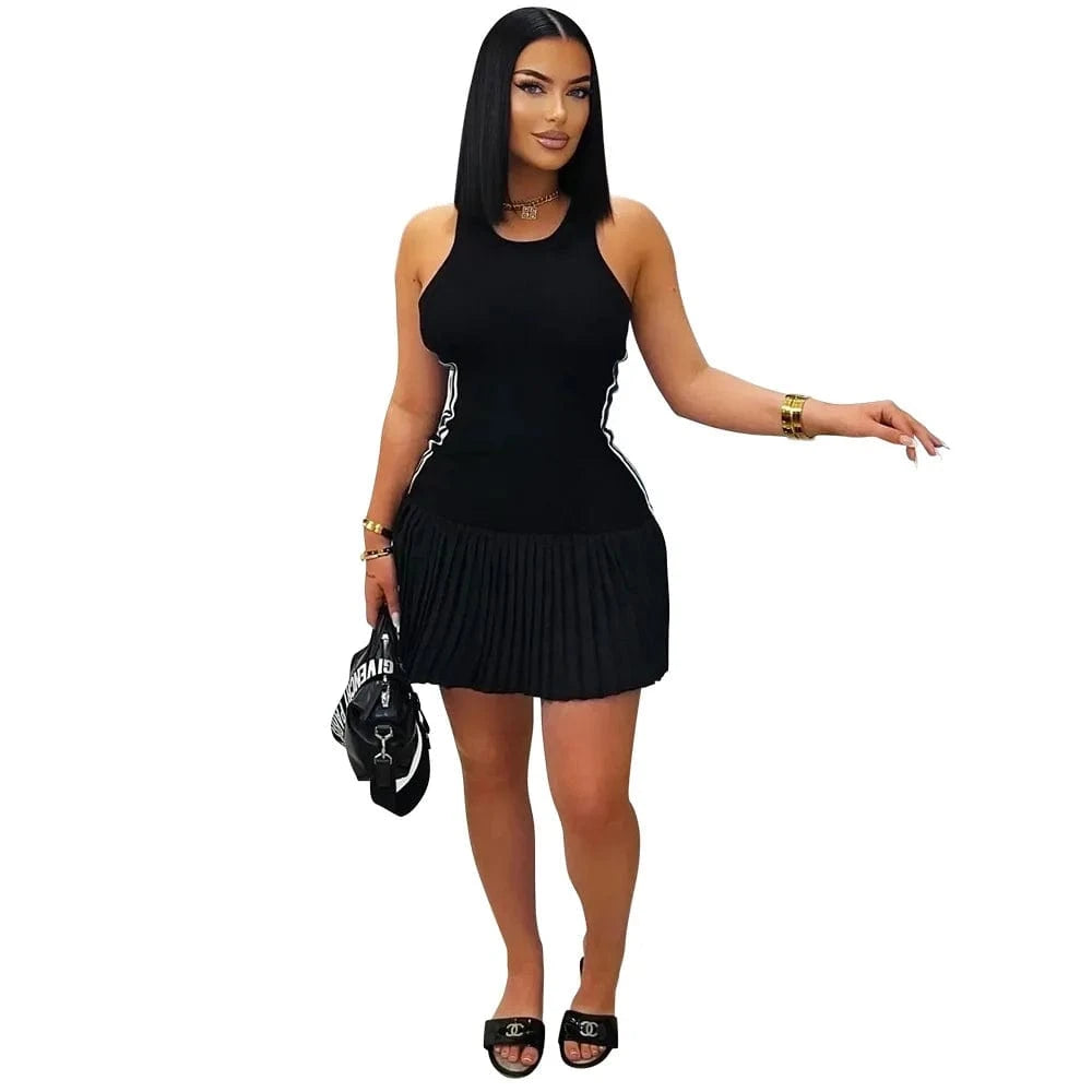Black / M Women's Sleeveless Side Striped Stretch Pleated Mini Dress for 2025 Summer Sexy Casual Short Dresses Sports Streetwear Clothing