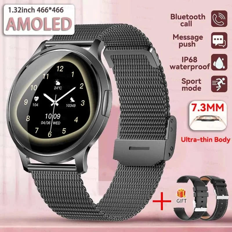 Black Mesh Belt 2A / Fashion watch 2025 New Smart Watch For Women 1.32"HD AMOLED Screen IP68 Waterproof Heart Rate Women Health Ladies Smartwatches For Android ios