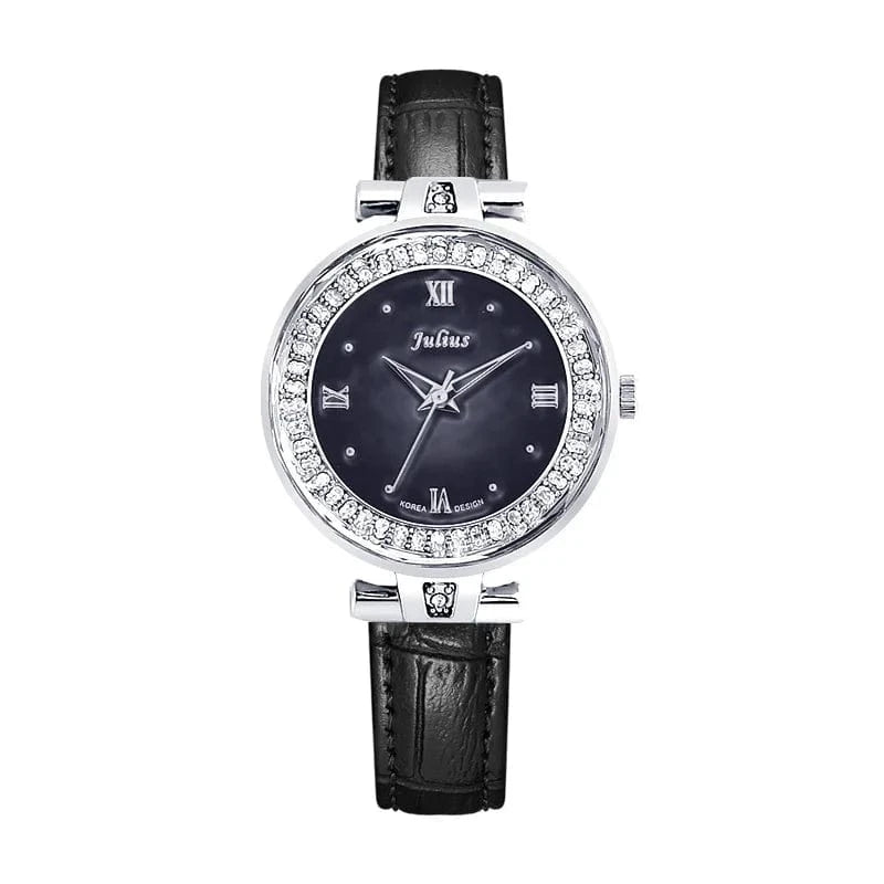 black Mother-of-pearl Rhinestones Julius Lady Women's Watch Fashion Hours Bracelet Real Leather Girl's Birthday Gift Box
