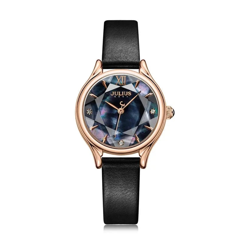 black Mother-of-pearl Women's Watch Japan Quartz Elegant Fashion Hour Bracelet Real Leather Clock Girl's Birthday Gift Julius Box
