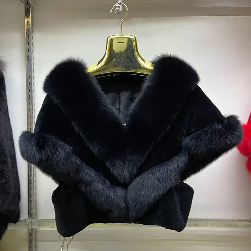 Black MWfur Fur Coat Short Women Fashion Luxury Fox Fur Trimmed Rex Rabbit Cape for Women