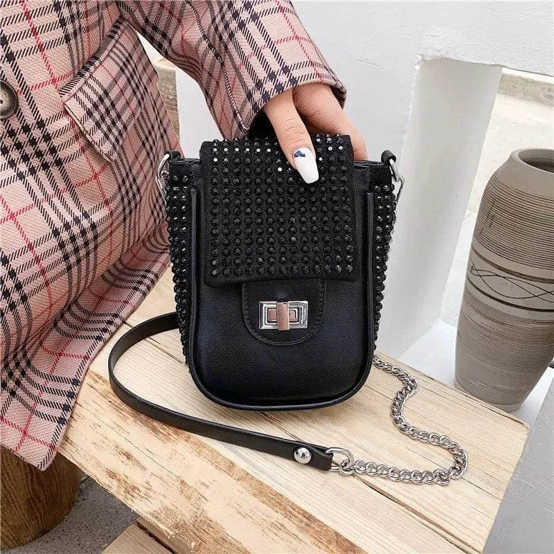 Black New diamond ladies one-shoulder diagonal bag luxury design mobile phone bag