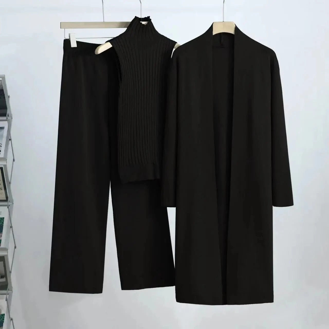 black / One Size Autumn Winter Sweater 3 Piese Sets Women Suitfit 2024 Fashion Knitted Sleeveless Vest Cardigan Coat Pants Sets Outerwears Tops