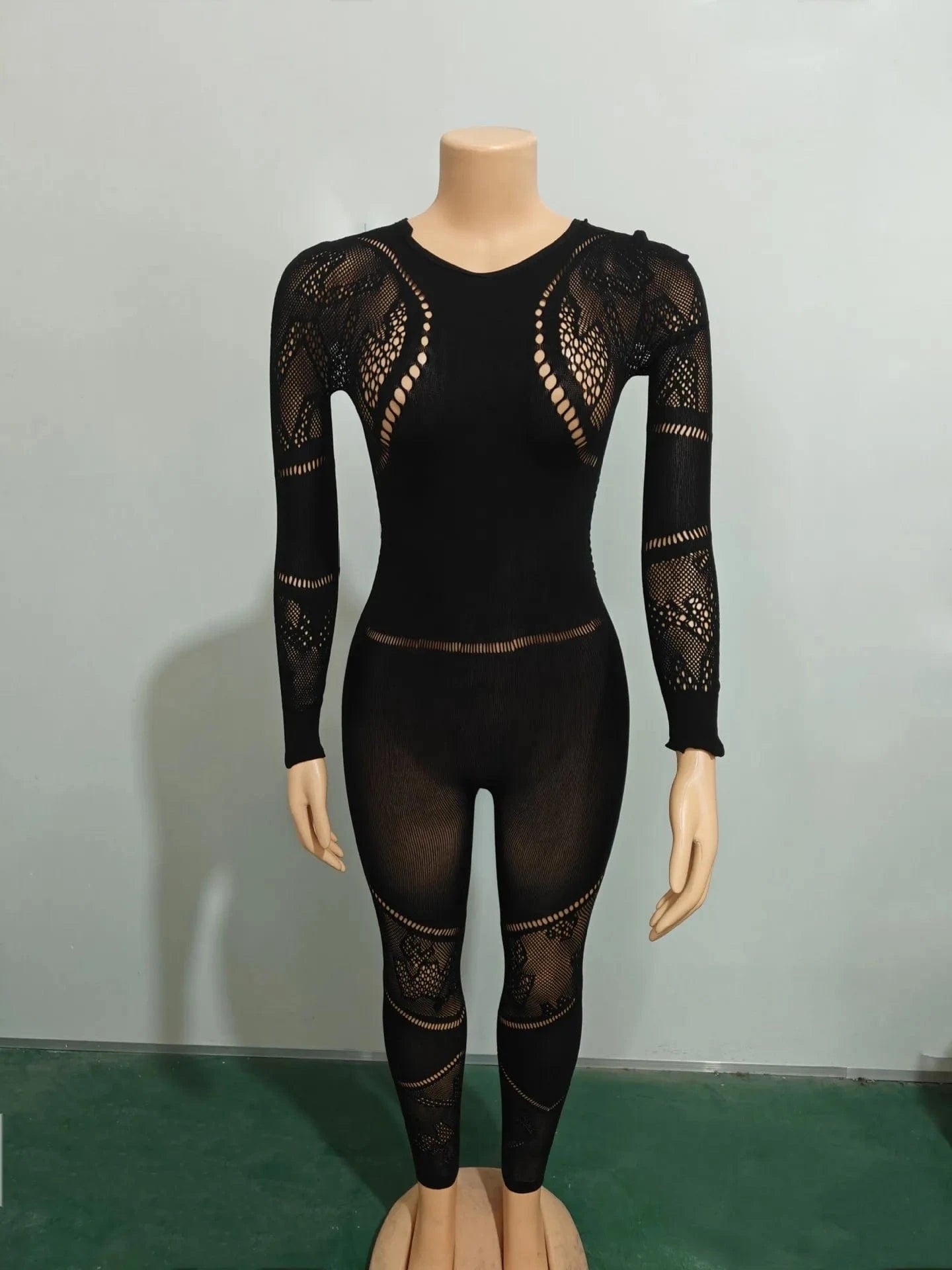 Black / One Size CM.YAYA Long Sleeve Sexy Mesh Lace Hollow Out Women’s Jumpsuits 2024 Fall O-Neck Night Club Party Pajamas One Piece Outfits