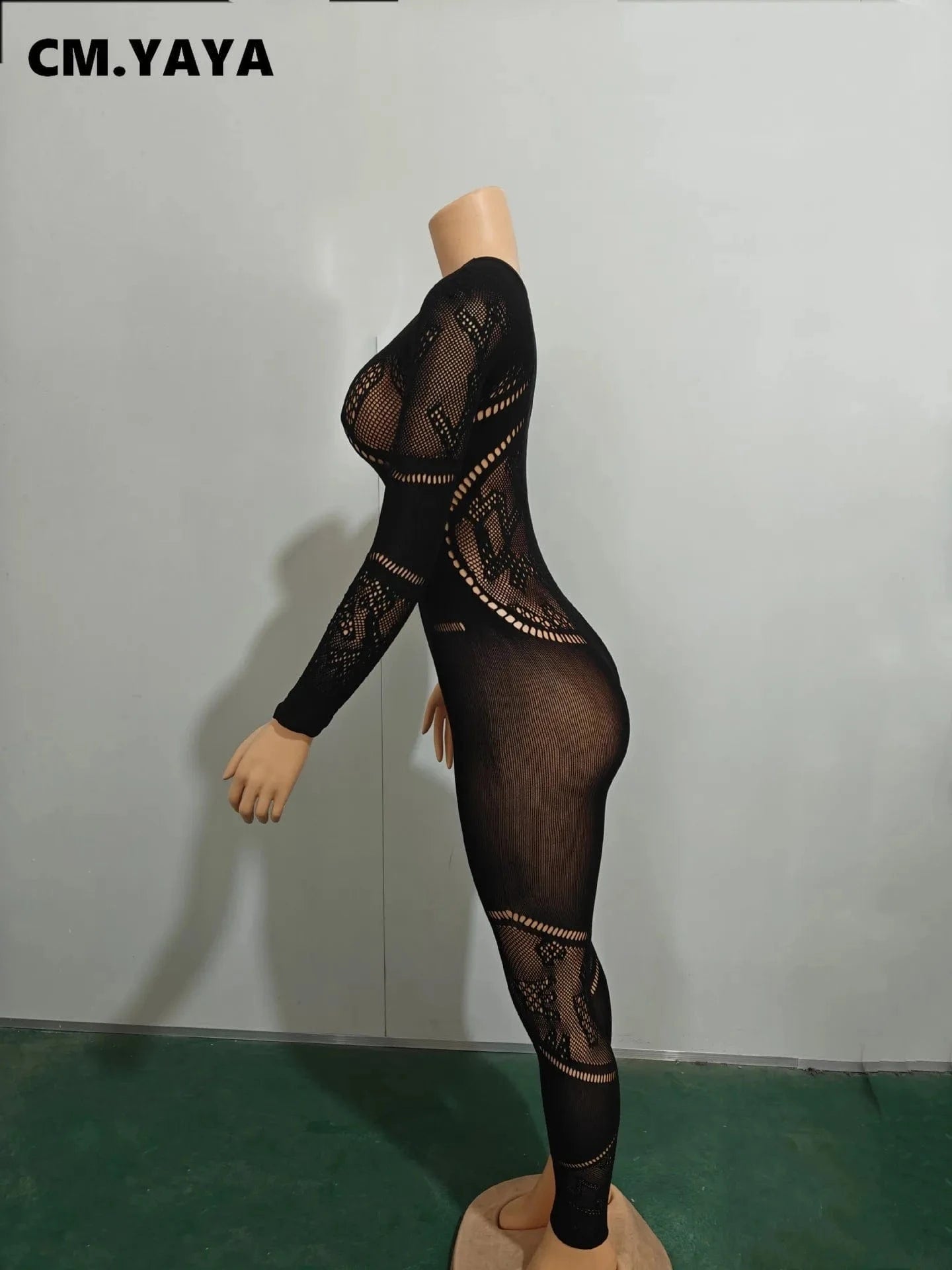 Black / One Size CM.YAYA Long Sleeve Sexy Mesh Lace Hollow Out Women’s Jumpsuits 2024 Fall O-Neck Night Club Party Pajamas One Piece Outfits