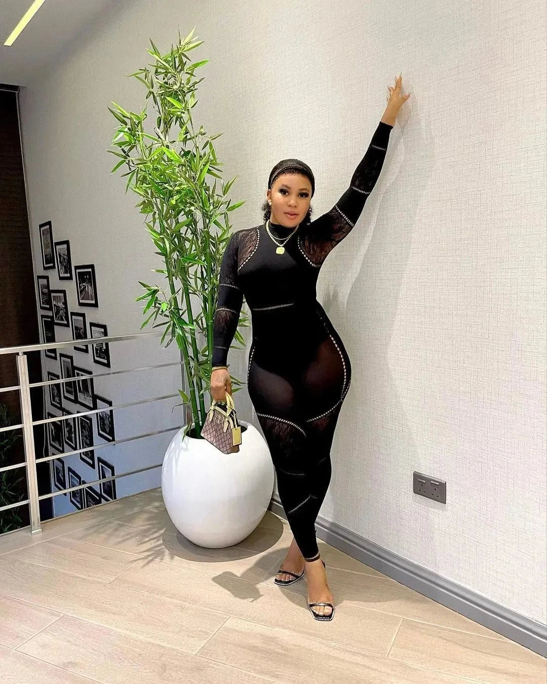 Black / One Size CM.YAYA Long Sleeve Sexy Mesh Lace Hollow Out Women’s Jumpsuits 2024 Fall O-Neck Night Club Party Pajamas One Piece Outfits