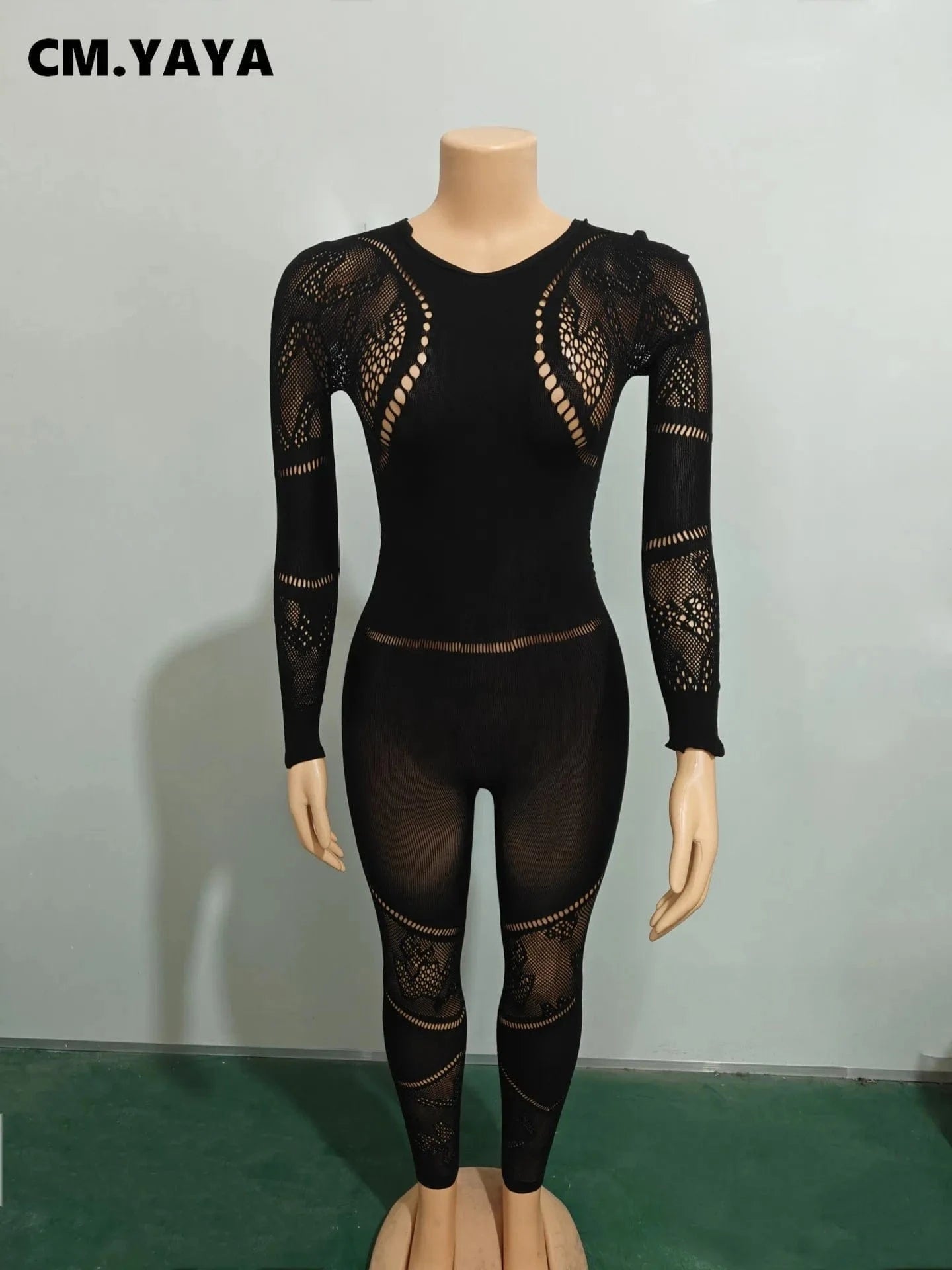 Black / One Size CM.YAYA Long Sleeve Sexy Mesh Lace Hollow Out Women’s Jumpsuits 2024 Fall O-Neck Night Club Party Pajamas One Piece Outfits