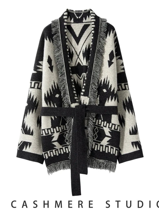 black / One Size Luxury Women Vintage Tassels Cardigan 100% Cashmere Knit Jacquard Sweater Coat Autumn Winter High Quality Female Clothing Tops