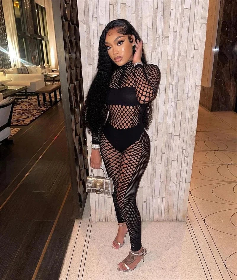 black / One Size Sexy Hollow Out Night Club Outfit Women Two Piece Set Y2K Patchwork Long Sleeve Top and Leggings Conjuntos Para Mujeres 2 Piezas