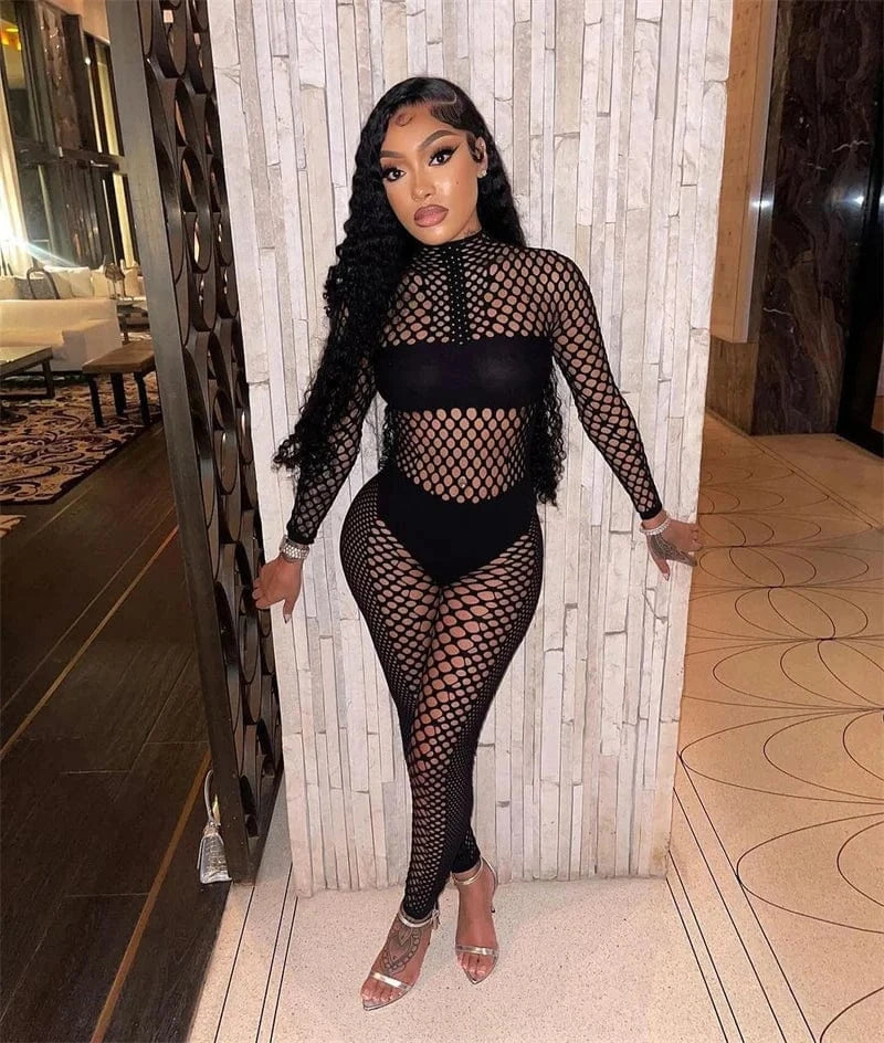 black / One Size Sexy Hollow Out Night Club Outfit Women Two Piece Set Y2K Patchwork Long Sleeve Top and Leggings Conjuntos Para Mujeres 2 Piezas