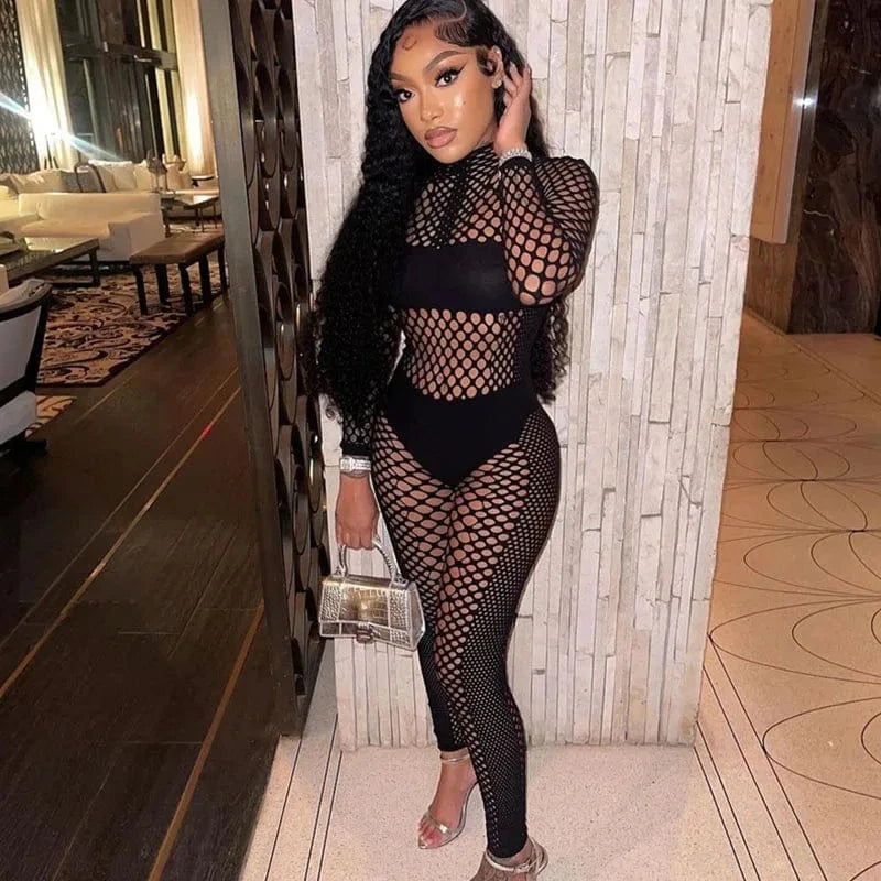 black / One Size Sexy Hollow Out Night Club Outfit Women Two Piece Set Y2K Patchwork Long Sleeve Top and Leggings Conjuntos Para Mujeres 2 Piezas