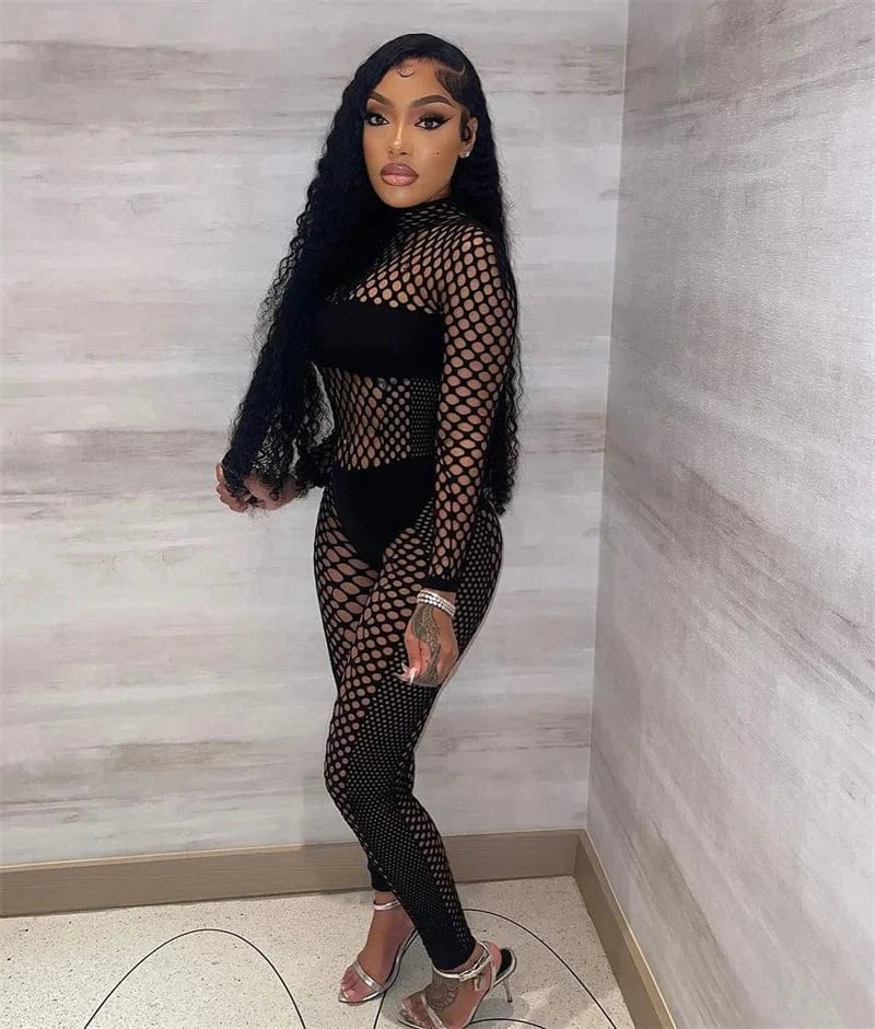 black / One Size Sexy Hollow Out Night Club Outfit Women Two Piece Set Y2K Patchwork Long Sleeve Top and Leggings Conjuntos Para Mujeres 2 Piezas