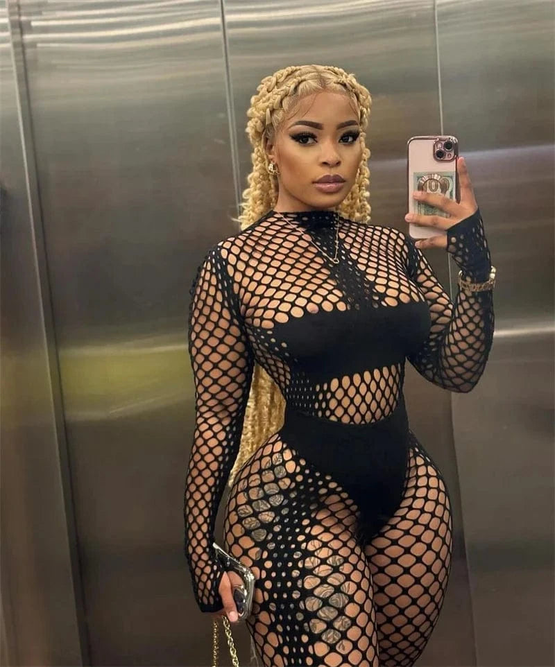black / One Size Sexy Hollow Out Night Club Outfit Women Two Piece Set Y2K Patchwork Long Sleeve Top and Leggings Conjuntos Para Mujeres 2 Piezas