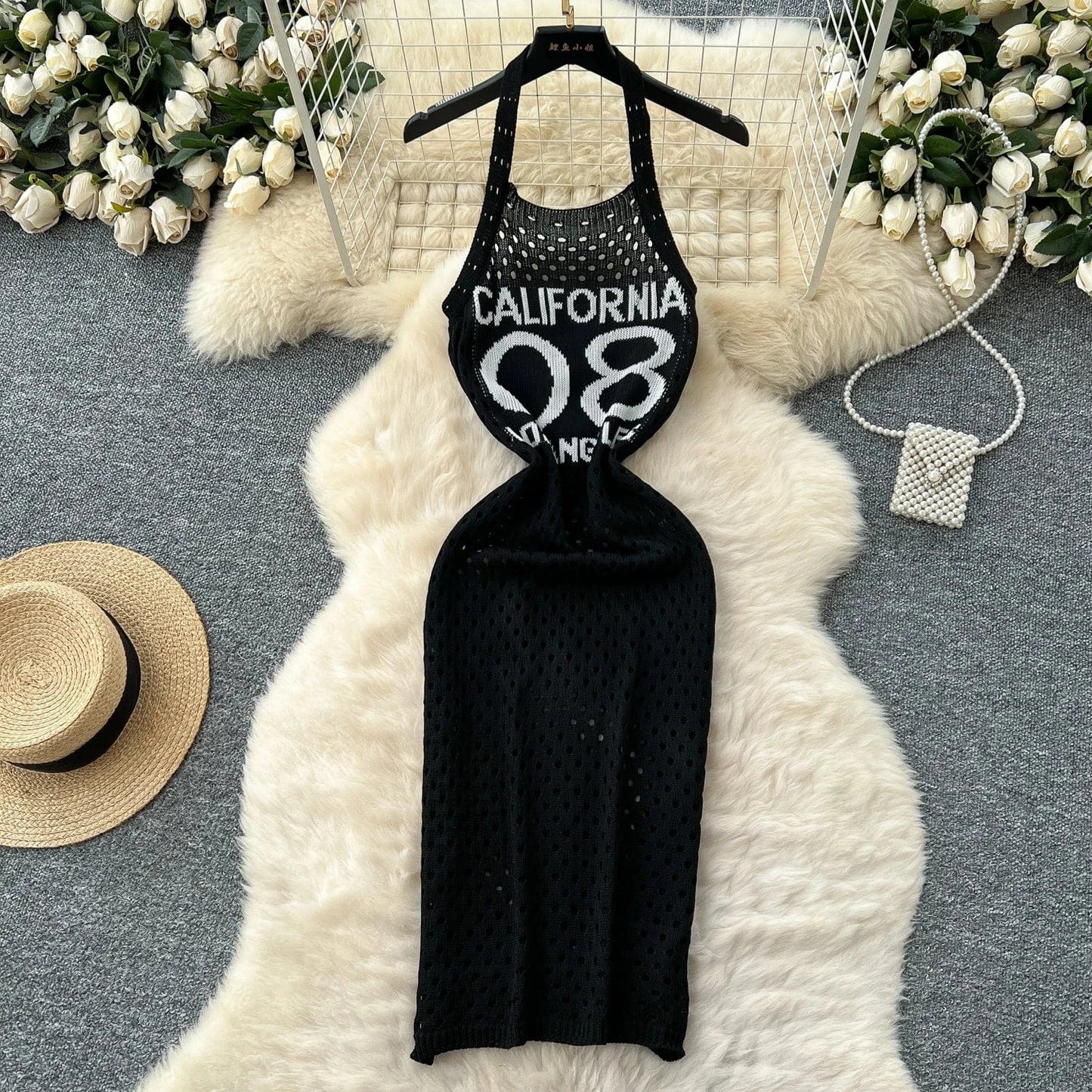 black / One Size YuooMuoo Women Dress 2025 Summer Ins Hot Letter Print Halter Knitted Beach Dress Chic Fashion Sexy Wrap Hip Streetwear Vestidos