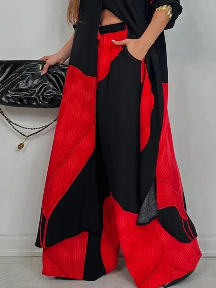 Black Pants / S Beautyblue Elegant Women's Pants Floral Printed Trousers Casual Loose Contrast Color Drawstring Elasticity Wide Leg Pants Female