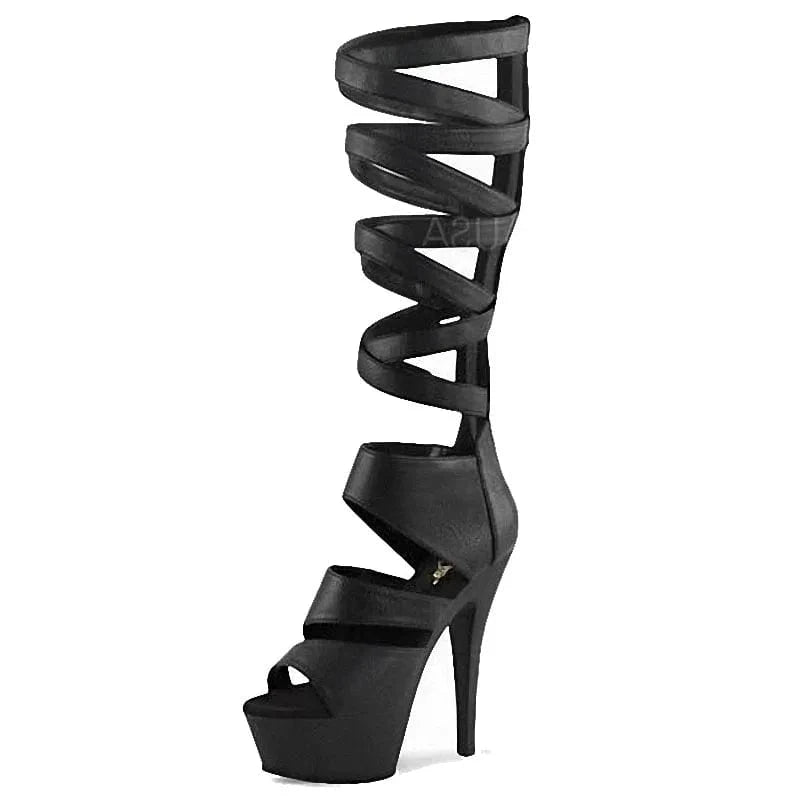 Black Patent Leather Cross strap back zipper thin heel 6-inch nightclub pole dance high heels model catwalk fish mouth sandals