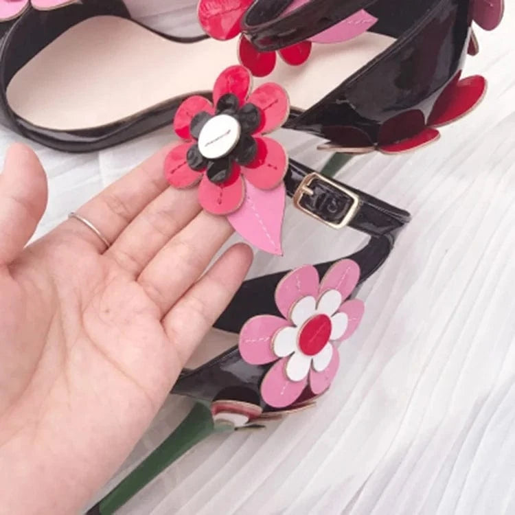 Black peach heart patent leather high-heeled sandals with beautiful flowers stiletto leather ladies temperament