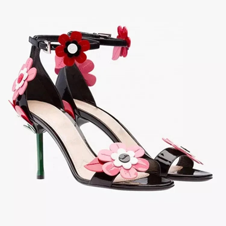 Black peach heart patent leather high-heeled sandals with beautiful flowers stiletto leather ladies temperament