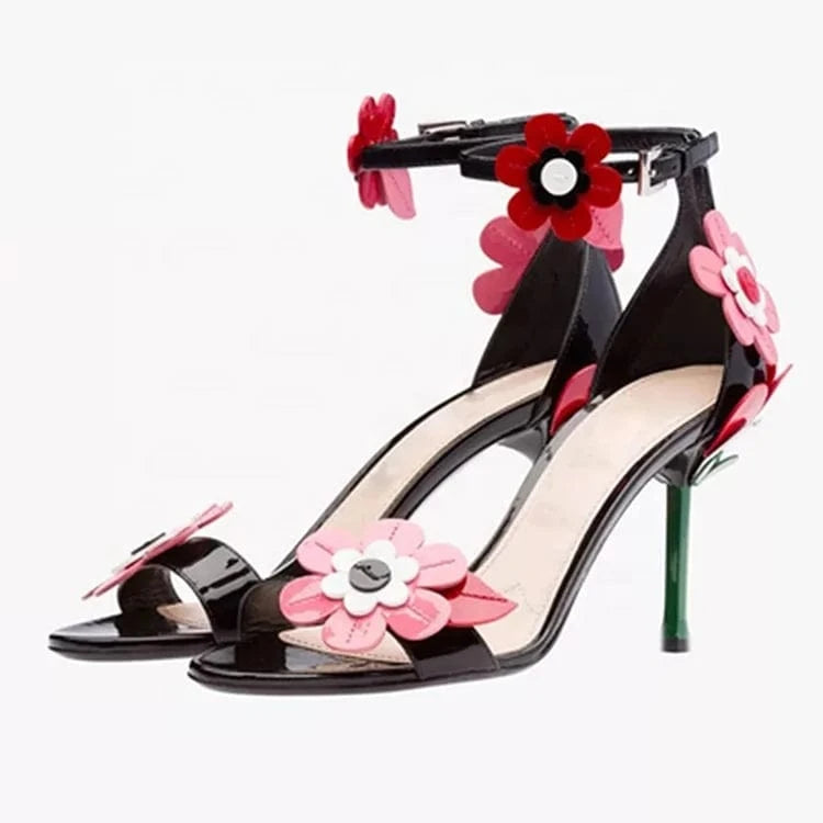 Black peach heart patent leather high-heeled sandals with beautiful flowers stiletto leather ladies temperament