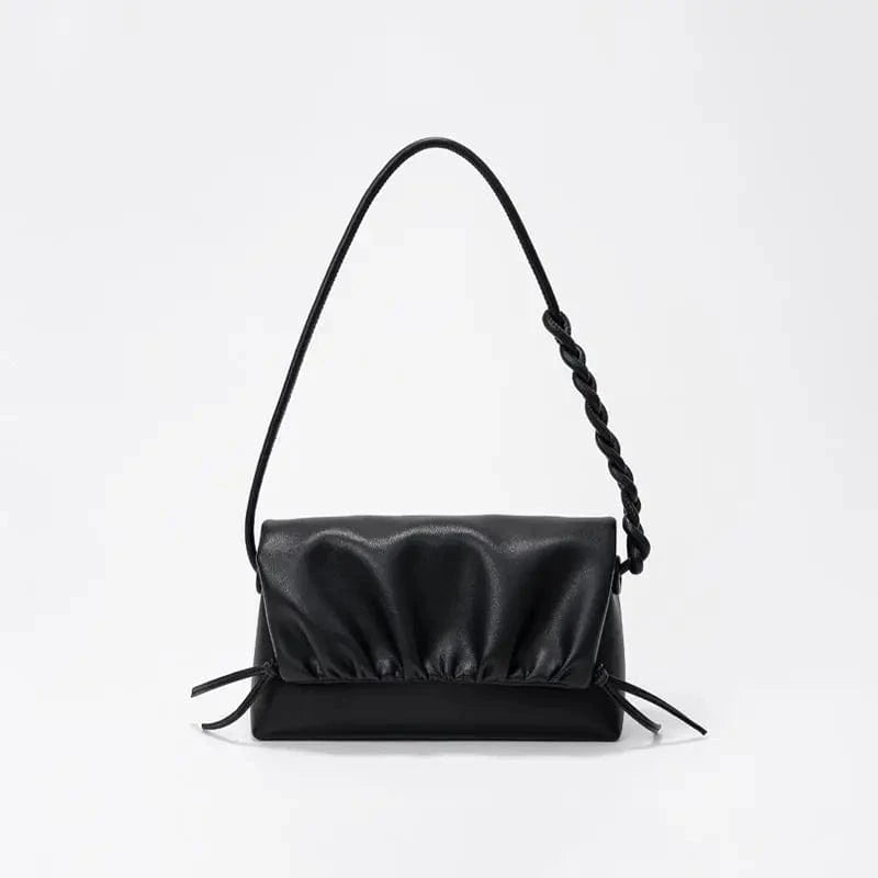 Black Portable Cowhide Leather Underarm Bag Fashion Drawstring Crossbody Bag Luxury Design Genuine Leather Shoulder Bags for Women
