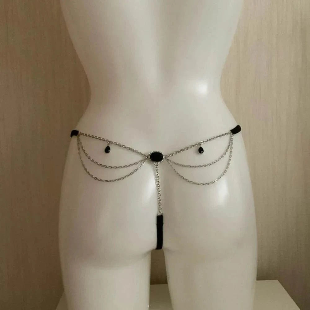 Black Rhinestone Sexy Thongs Panties Underwear for Women G-string Bikini Lingerie Thong Bikini Metal Chain Custom Jewelry