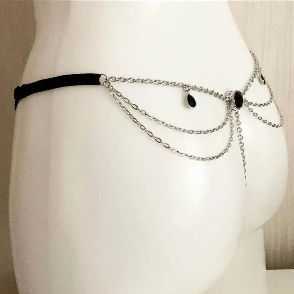 Black Rhinestone Sexy Thongs Panties Underwear for Women G-string Bikini Lingerie Thong Bikini Metal Chain Custom Jewelry