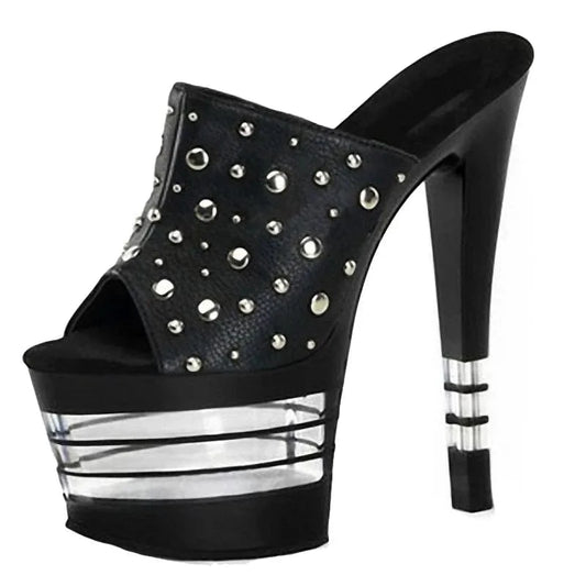 Black rivet Gothic transvestite stiletto 17 cm club high heels women's summer leaky toe non slip sandals