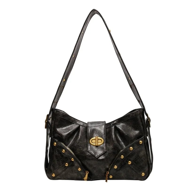 Black Rivets Design Retro Shoulder Bags for Women 2024 PU Leather Vintage Ladies Handbags Female Crossbody Bags
