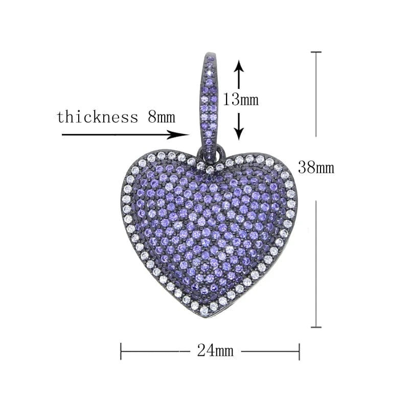 Black Rope chain 60cm / N273-Purple Hip Hop Blue Purple Heart Pendant Necklace Iced Out Bling Micro Pave 5A CZ Cubic Zirconia Men Boy Jewelry