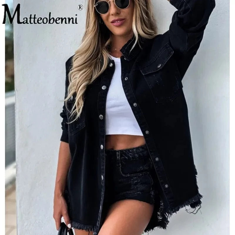 black / S 2024 Fall New Women's Long Sleeve Denim Shirt Fashion Ripped Mid-length Jeans Buttons Shirt Tops Boyfriend Loose Shirts