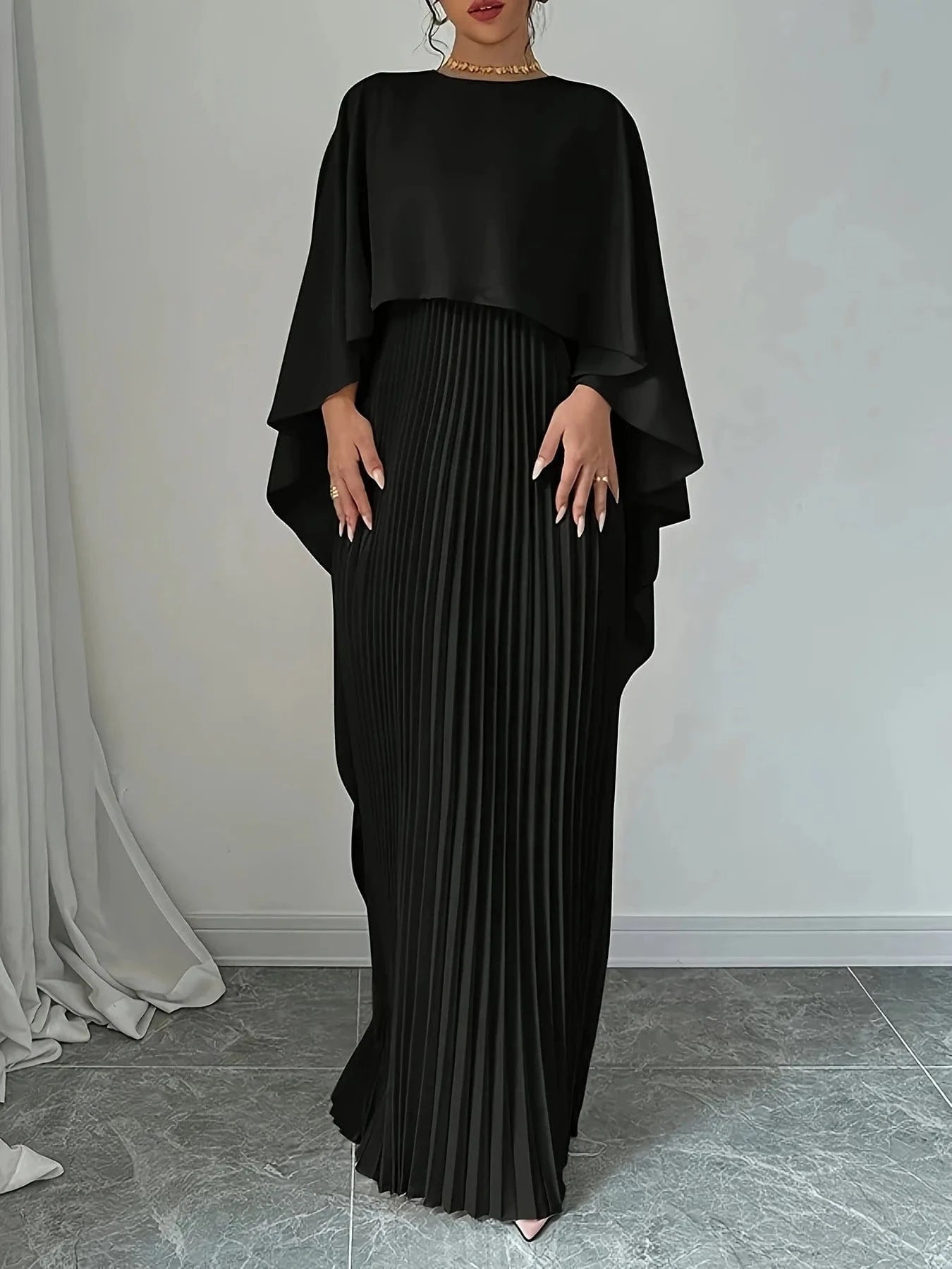 black / S 2025 New Women's Spring Summer Fashion Loose Bat Sleeve Curling Irregular Elegant Seven Inch Sleeve Long Dress
