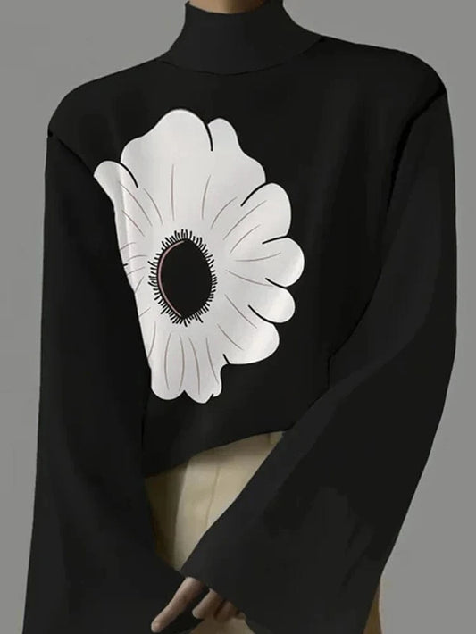 Black / S 2025 Summer New Women's Tops Flared Long Sleeve Turtleneck Top Color Black Polyester Printed Pattern Explosion