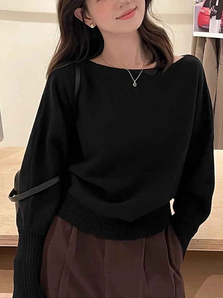 black / S Batwing Long sleeve Knitted Pullover Women Solid color Off shoulder Top Korean Fashion Sweater Loose Casual Autumn Outwear Pull
