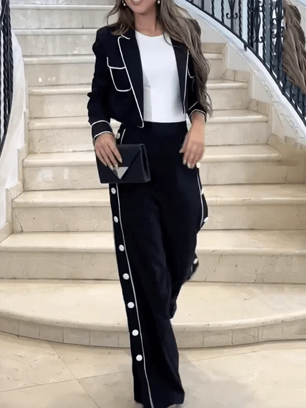 black / S Beautyblue Black Pant Set Women's Blazer&Pants New Fashion High Waist Loose Buttoned Pocket Lapel Two-piece Set Office Commute