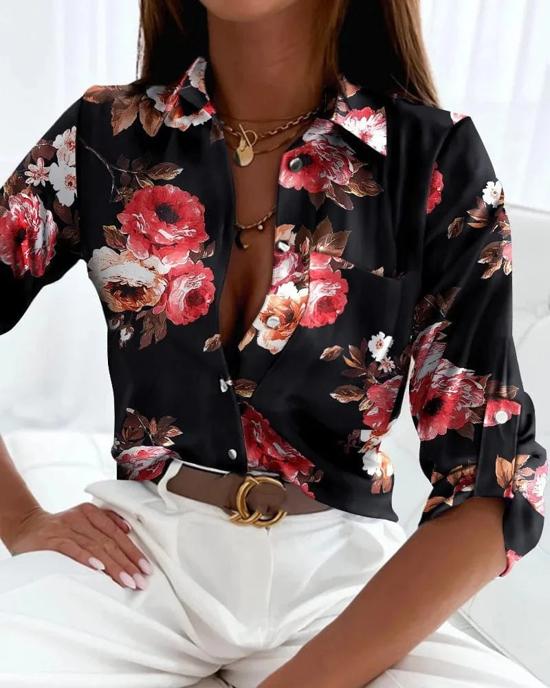 black / S Elegant Women Blouse 2023 Spring and Autumn Temperament Top Long Sleeve Stripe Print Office Slim Fit Pocket Shirt