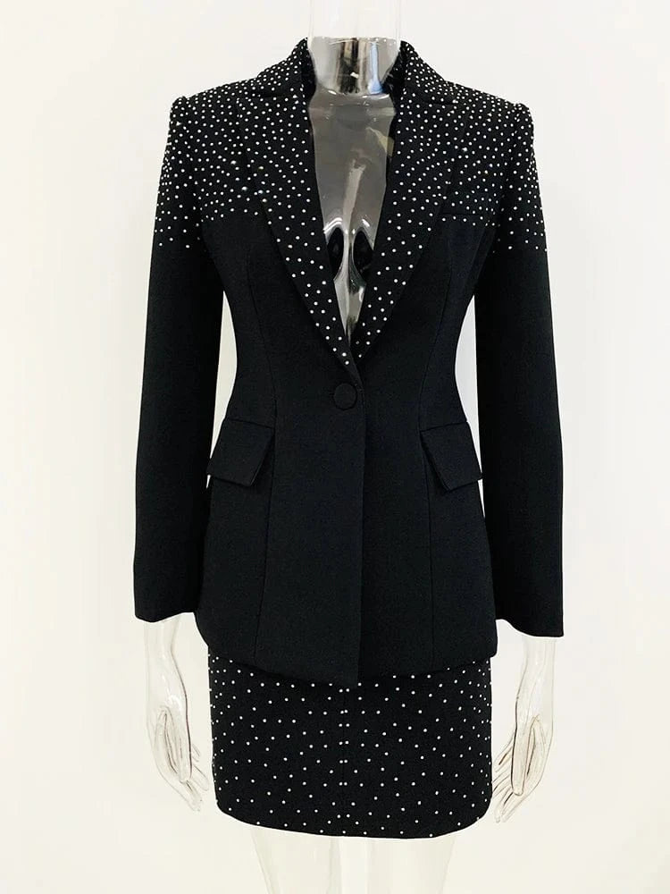 black / S HIGH STREET 2024 New Designer Runway Suit Set Women's Slim Fit Single Button Rhinestone Diamonds Beaded Blazer Skirt Suit 2pcs
