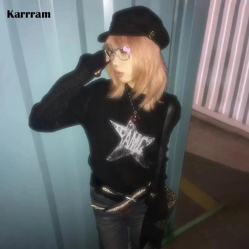 black / S Karrram Japanese Y2k Black Knitted Tops Trashy 2000s Style Long Sleeve Knit T-shirt Vintage Harajuku Distressed Knitwear Grunge