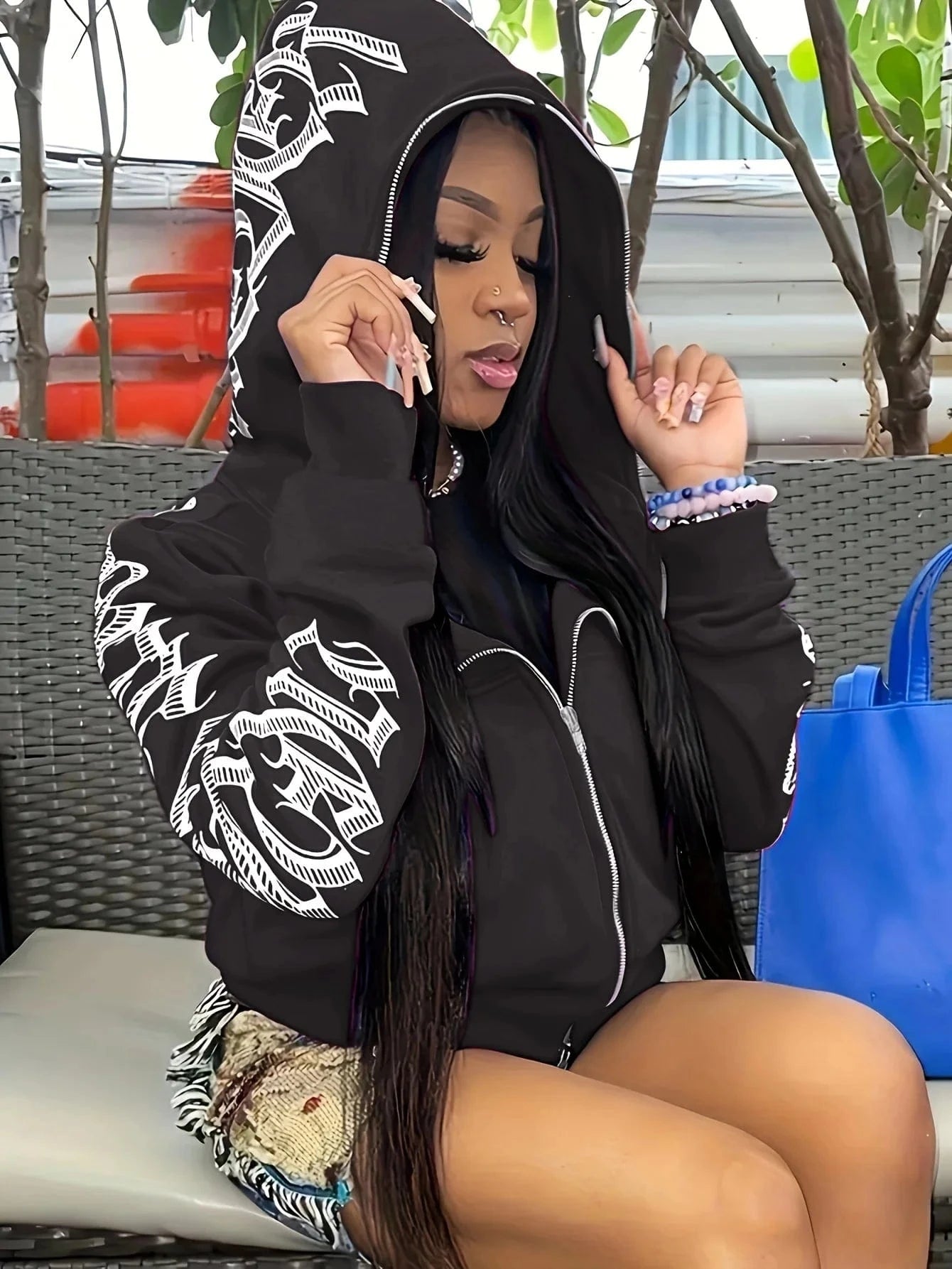 black / S Letter Print Long Sleeve Zip Up Hoodies, Cyber Y2K Gothic Punk Sweatshirt, Women's Clothing