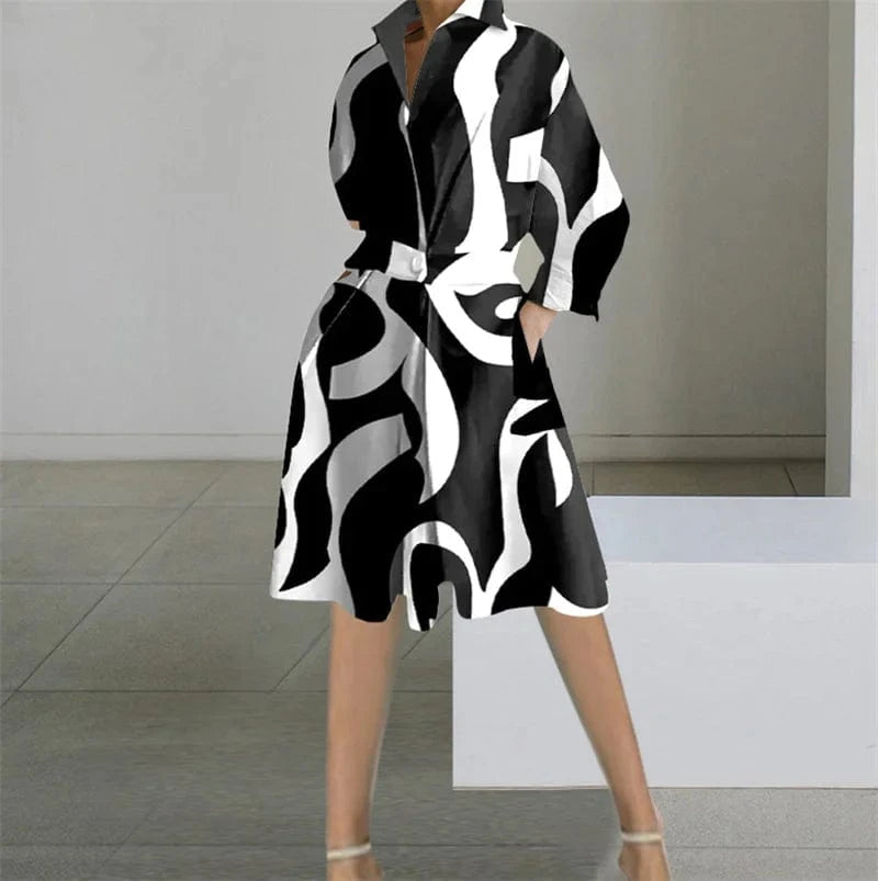 black / S Printed Dresses Women Autumn V-neck Long Sleeved Shirts Fashions Office Lady Pockets Commute Dress 2023 New Robe Vestidos Femme