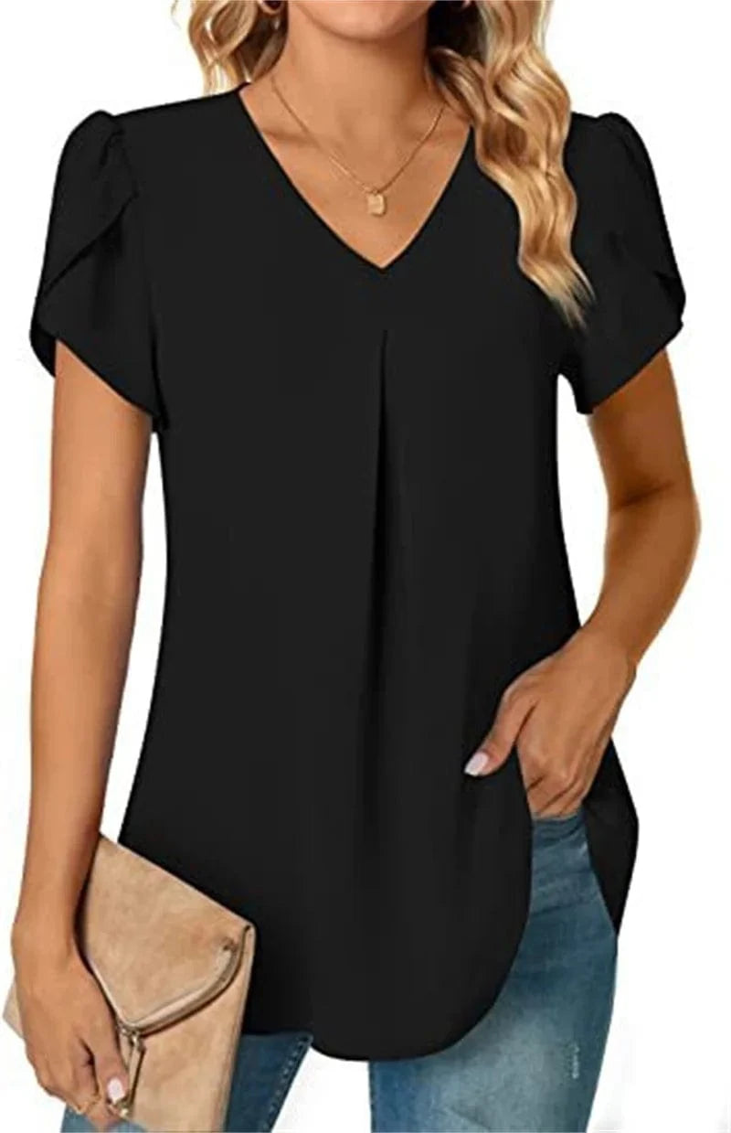 black / S Sexy V Neck Ruffle Short Sleeve Blouse Shirts Summer Women V Neck Solid Color Loose OL Workout Blouse Tops