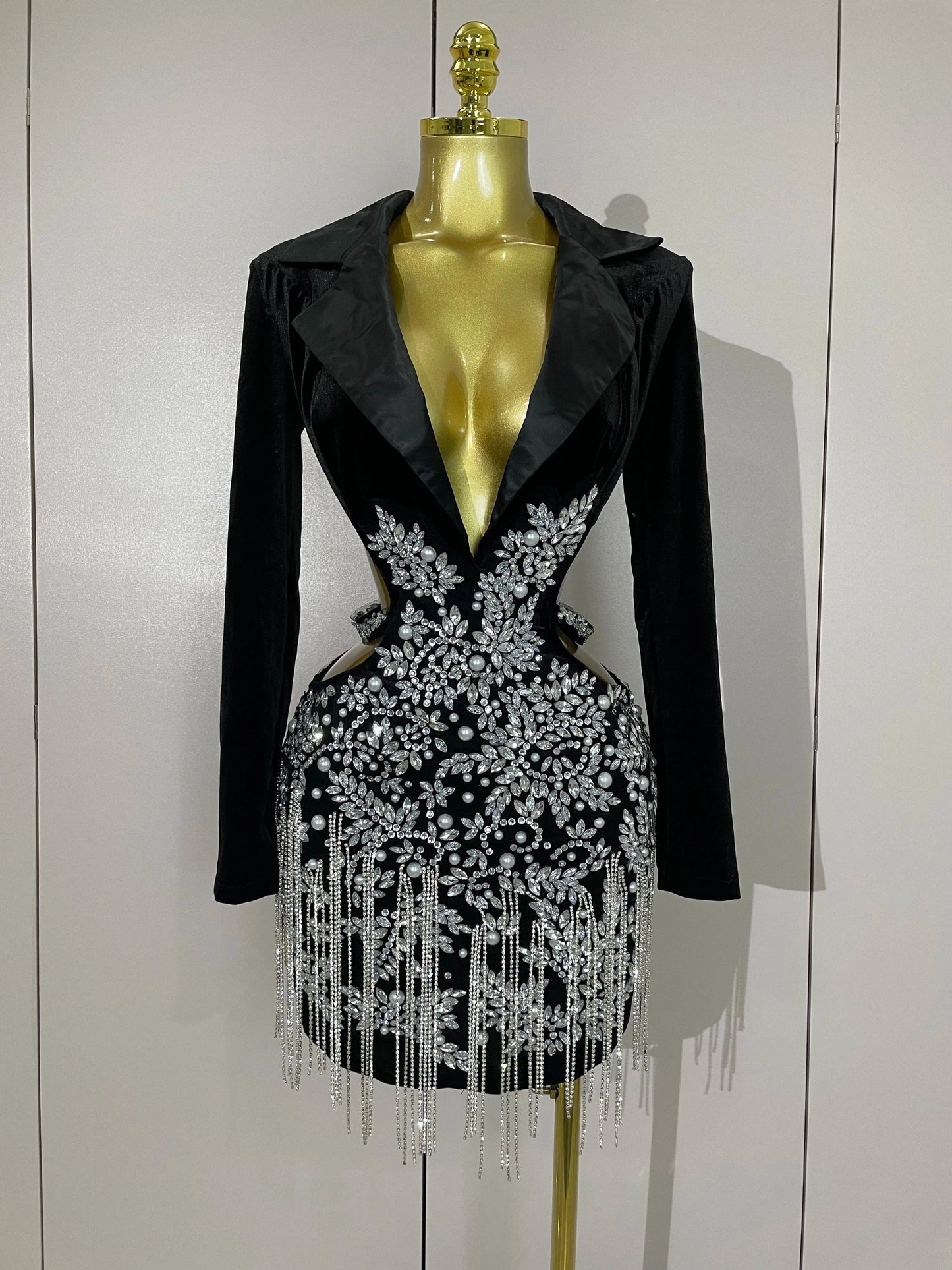 black / S Stock Luxury Diamonds Tassel Sexy Hollow Out Black Mini Dress Woman Evening Celebrate Birthday Party Stage PhotoShoot Costume