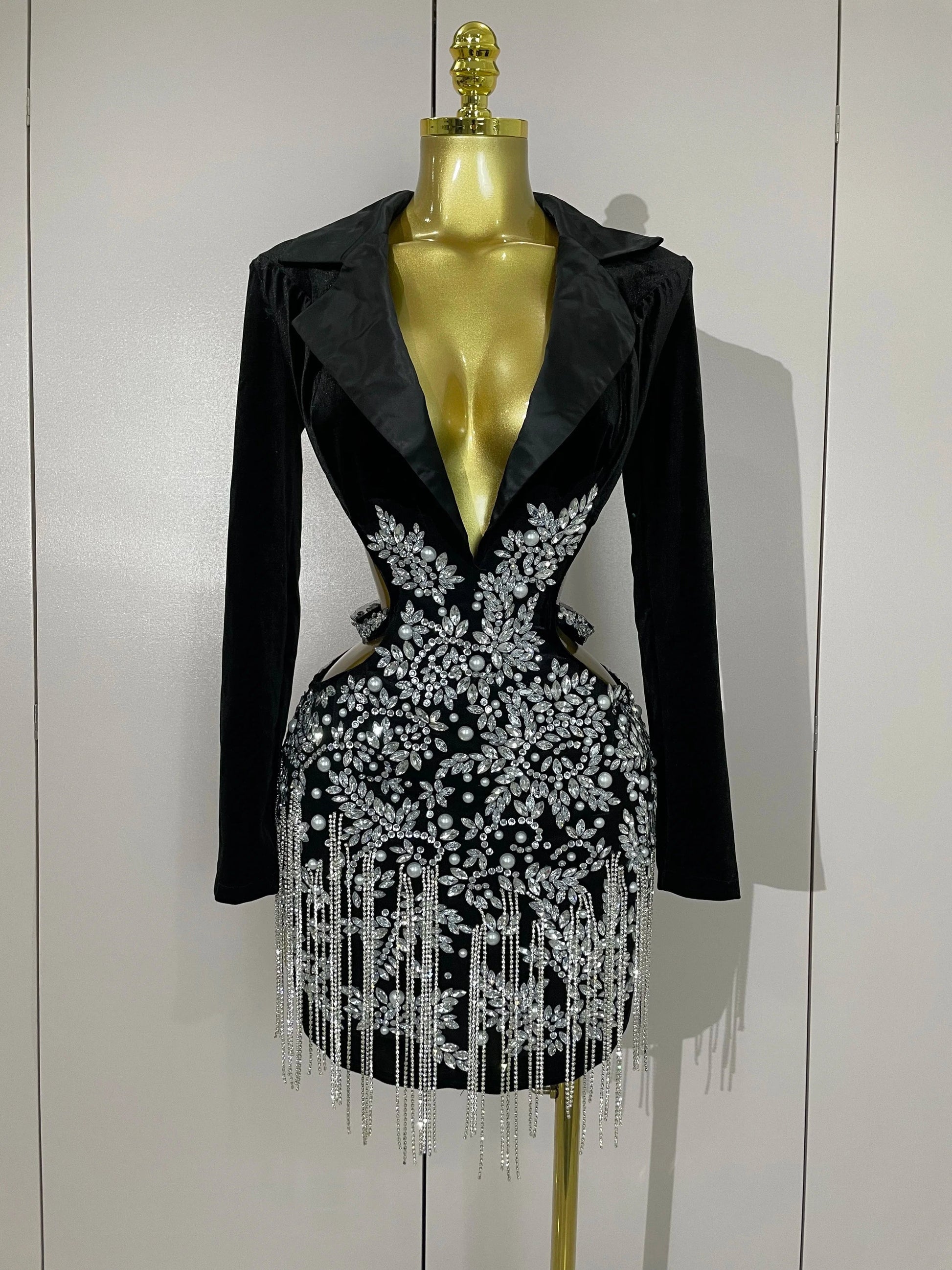 black / S Stock Luxury Diamonds Tassel Sexy Hollow Out Black Mini Dress Woman Evening Celebrate Birthday Party Stage PhotoShoot Costume