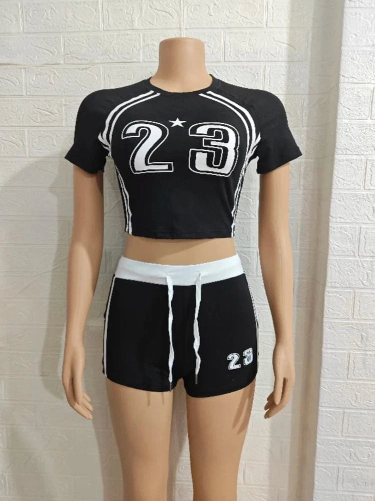 Black / S Summer Two 2 Piece Set Women Outfits Colorblock Letter Print Crop Top and Drawstring Shorts Suit Female New Streetwear Tracksuit