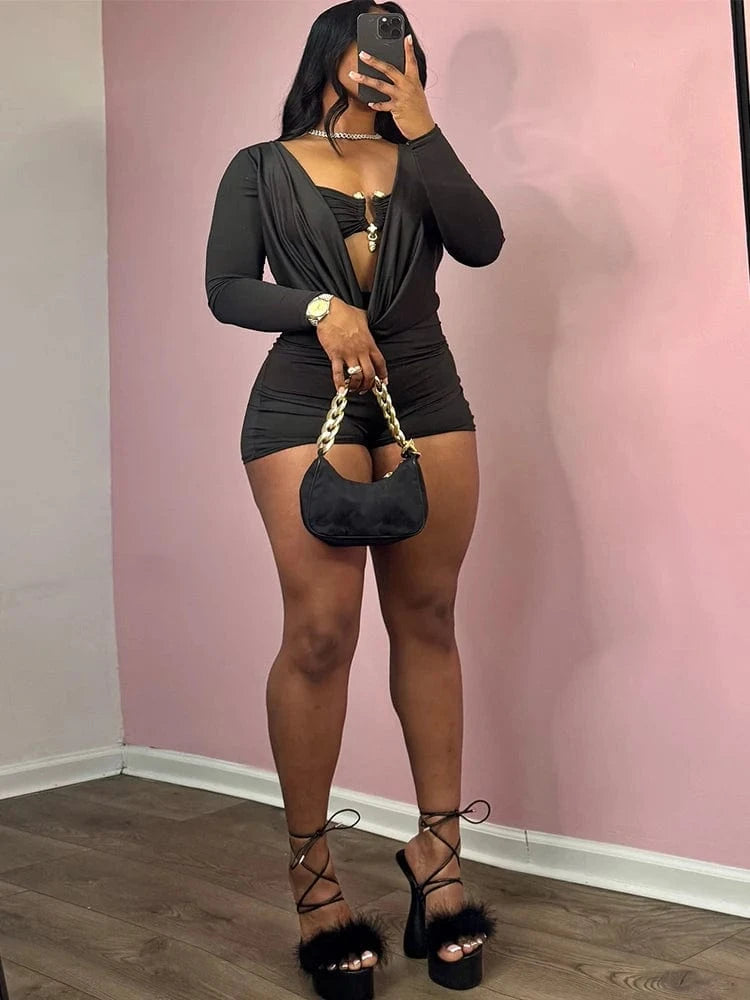 black / S Weird Puss Sexy Women Swing Collar Romper+Metal buckle Bra Hipster Midnight Party Coquette New Spring Trend Workout Playsuits