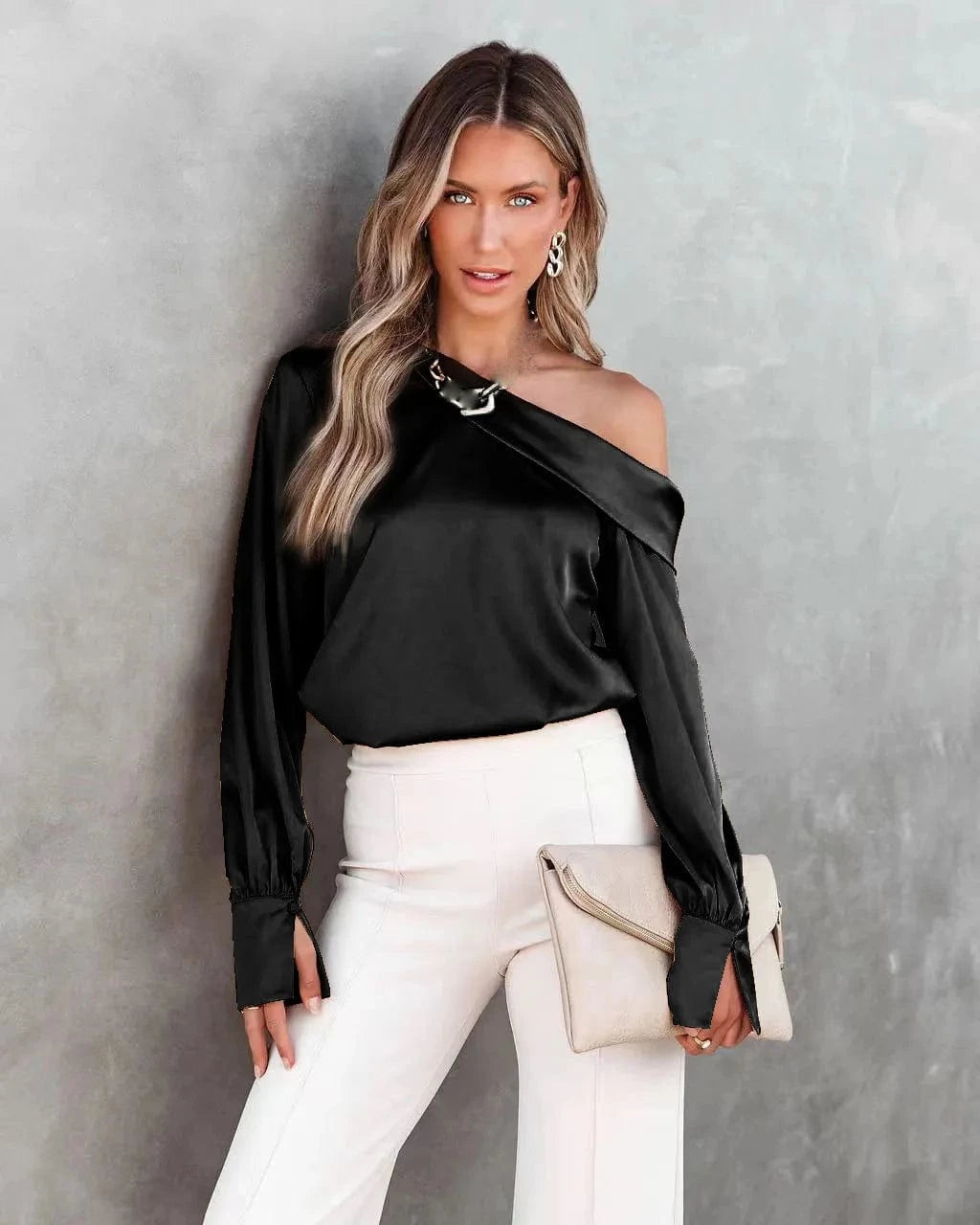 black / S Women Fashion Sexy Slash Neck Satin Blouse Solid Color Long Sleeve Off Shoulder Office Shirt Lady Casual Loose Blouse Tops