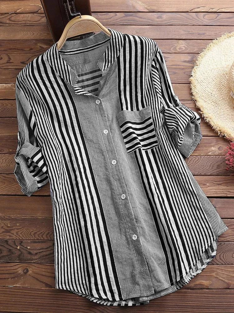 Black / S Women's Spring Fall Cotton Linen Long Sleeves Roll Up Striped Casual V Neck Button Down Shirts Blouses Collar Tunic Tops