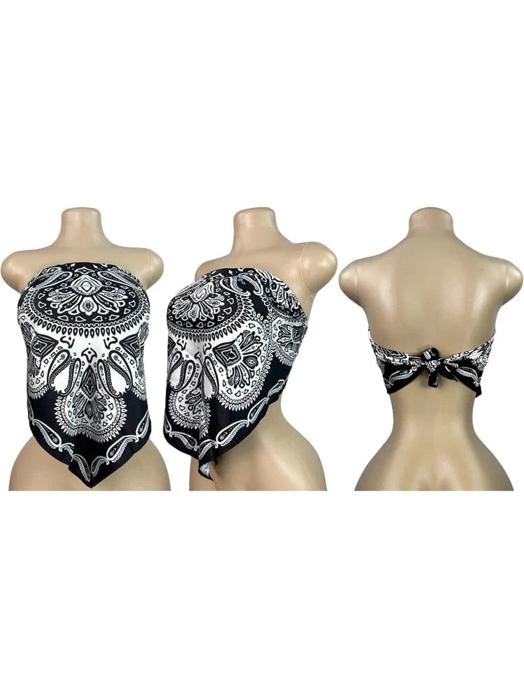 Black Scarf / L 2025 Summer 2 Piece Set Woman Outfits Backless Print Scarf Tops and Shorts Suits Streetwear Sexy Club Two Piece Matching Sets