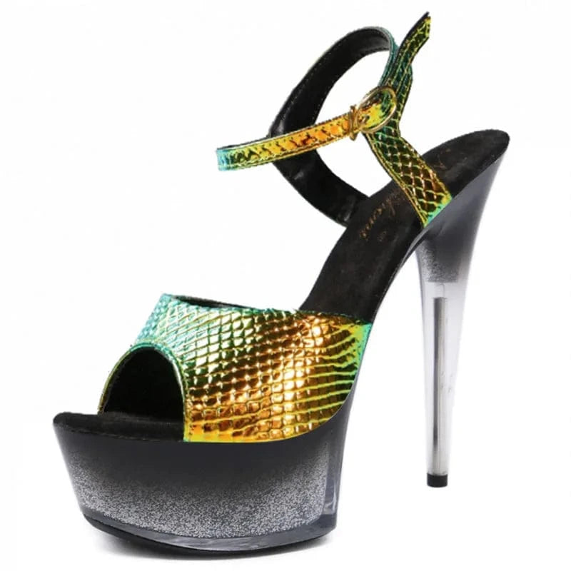Black Sequin stiletto 15 cm women's buckle high heels model show thick platform leaky toe women's 6-inch sandals