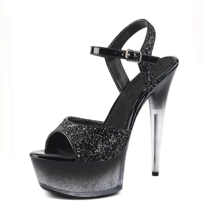 Black Sequin stiletto 15 cm women's buckle high heels model show thick platform leaky toe women's 6-inch sandals