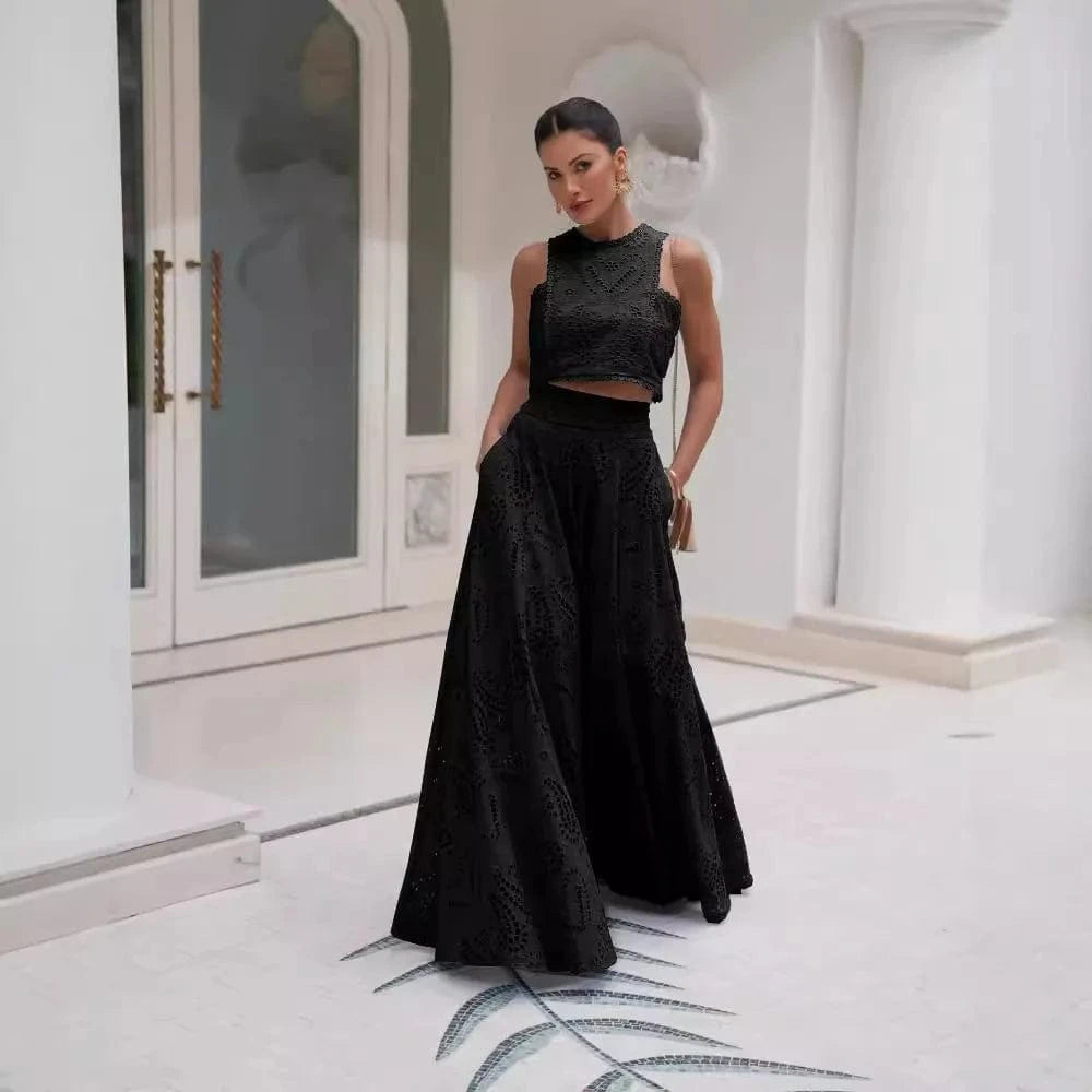 Black set / S Women Hollow Out Sleeveless Embroidery Two-Piece Set 2025 O-Neck Blouse + Lace Pockets Skirt beach New Two Piece Set
